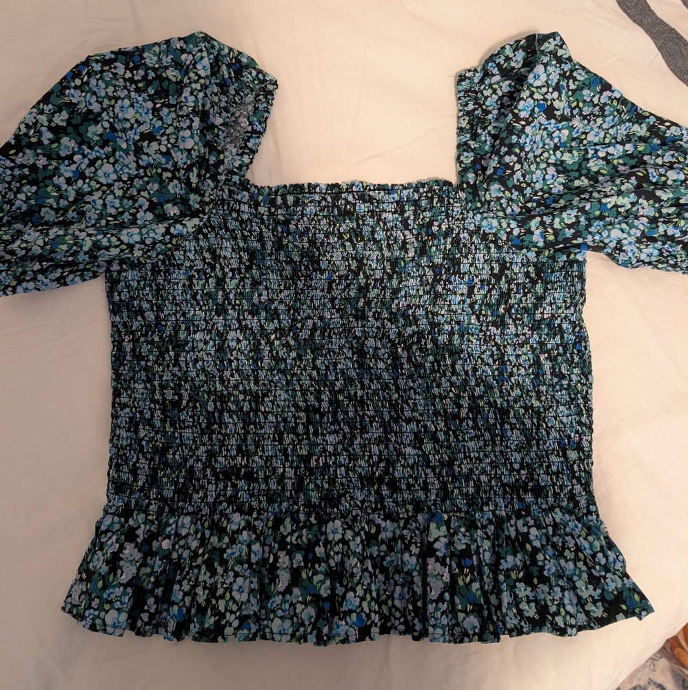 J. Crew Floral Smocked Blouse - Black and Blue